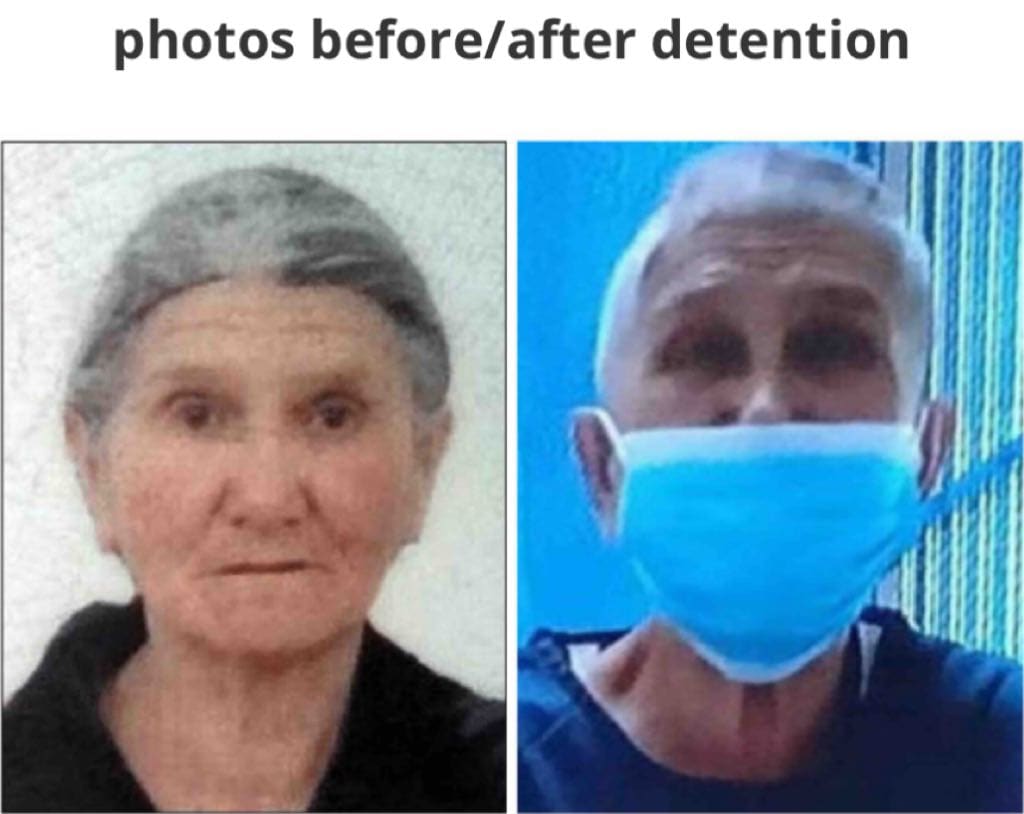 メフムジャンの未亡人であるヘルヘム・パジルの母親が逮捕され、17年の判決を受ける前と後。写真は新疆犠牲者データベースより。