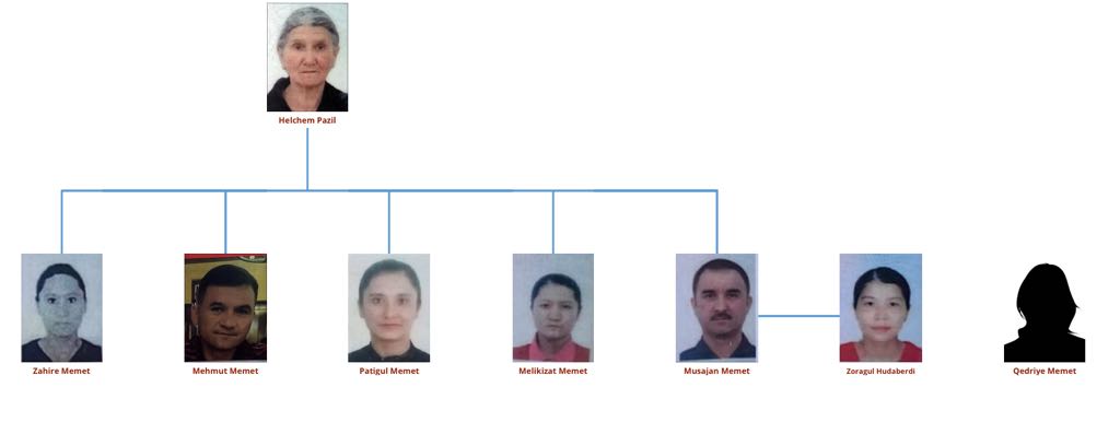 Mehmutjan Memet’s widowed mother Helchem Pazil (top) and her family, all of whom are serving prison sentences at the hands of the Chinese State. From the Xinjiang Victims Database.