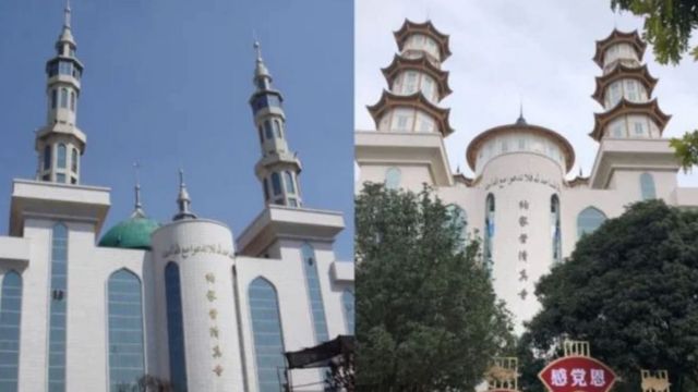 中国化前（クレジット）と中国化後の納家営清真寺。