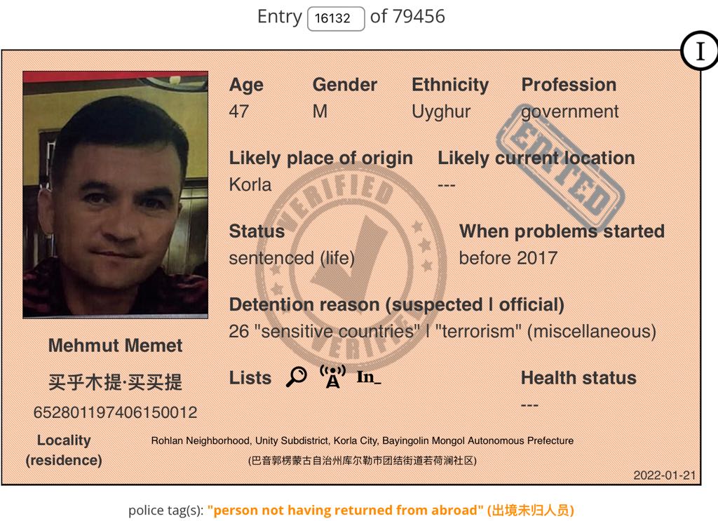 Mehmutjan Memet’s Xinjiang Victims Database entry.