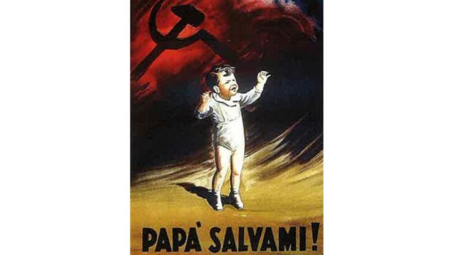 「父上、助けて！」： 「共産主義者は子供を食べる」というスローガンをもじったイタリアのビンテージ政治ポスター。
