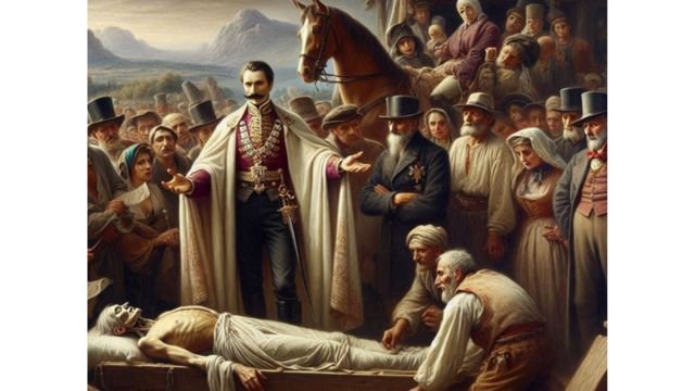 Il procuratore presiede all’esumazione del corpo del presunto vampiro. AI-generated.