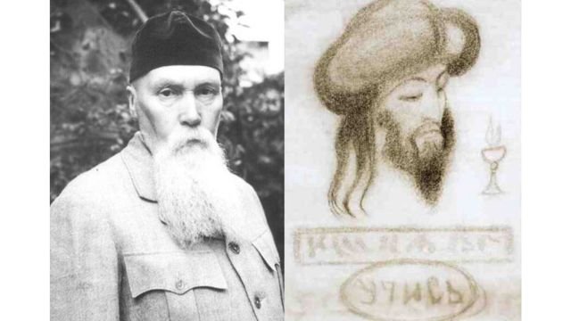 Roerich (credits) and “Allal Ming” (Morya), as sketched by the painter after he claimed he saw him in London’s Hyde Park in 1920.
