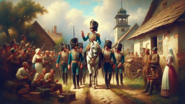 La commissione imperiale arriva a Medwegya. AI-generated.