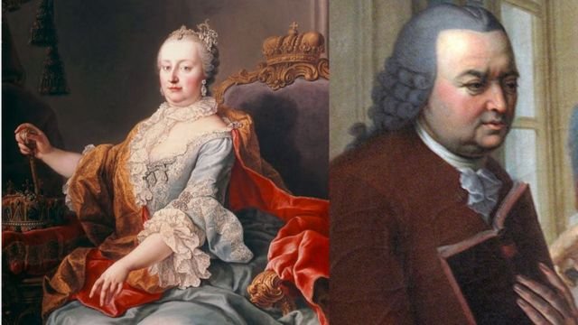 Maria Teresa d’Austria (1717-1780, credits) in un ritratto di Martin van Meytens (1695-1770), e Gerhard van Swieten (1700-1772, credits).