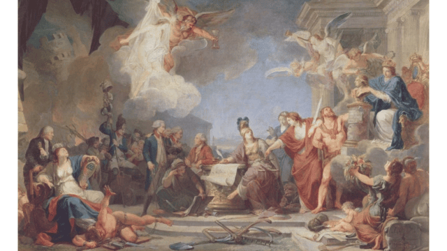 1790 painting by Jean-Baptiste Regnault (1754–1829) suggesting that Goddess Minerva inspired the French “Declaration of the Rights of Man and of the Citizen” of 1789. From X.