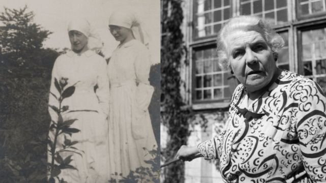 A photo of two World War I nurses, one of whom was probably Ethel Le Rossignol (source: Special Collections, University of Notre Dame), and the artist in her old age (credits).