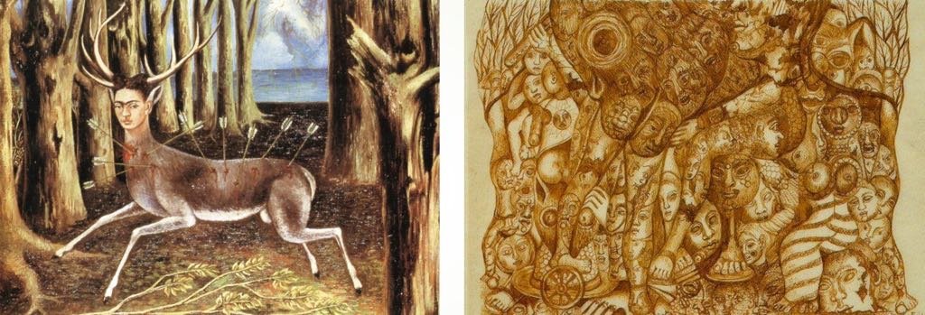 Painting (representing herself as a wounded deer) and drawing of Kahlo&rsquo;s &ldquo;carma&rdquo; series.