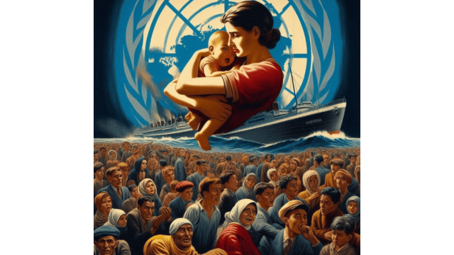 UN’s efforts on behalf of refugees. AI elaboration based on 1950s UN posters.