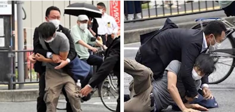 Yamagami is arrested after his attack against Abe. Screenshots.