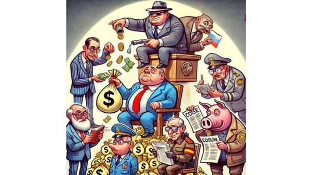 Satirical cartoon on the corruption of bureaucrats pocketing bonuses. AI-created.