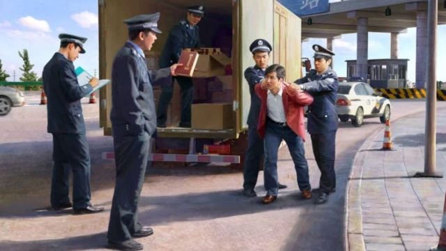 A CAG member intercepted by the police while transporting CAG literature. Painting by an anonymous CAG artist.