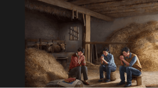 CAG members gather in a cowshed to avoid police surveillance. Painting by an anonymous CAG member.