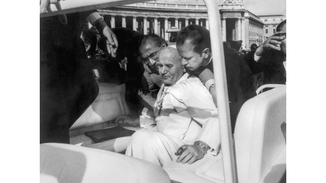 John Paul II (1920–2005) immediately after he was shot on May 13, 1981. Credits.