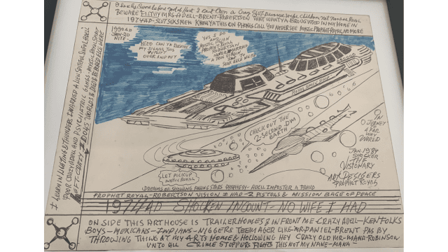 Spaceship themes in a drawing by Royal Robertson.