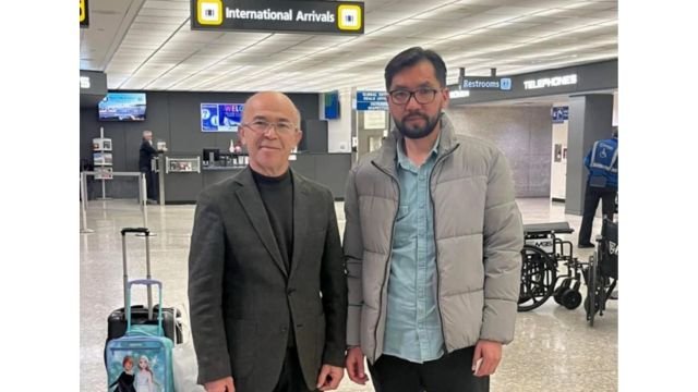 Idris Hasan (right) arriving at Dulles International Airport in Dulles, Virginia, on February 14, 2025, with Omer Kanat, executive director of the Uyghur Human Rights Project (left). Courtesy of Uyghur Human Rights Project.