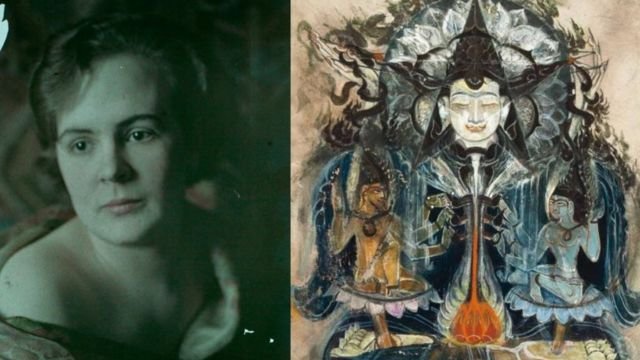 Ilona Harima and her work “Buddha and Two Bodhisattvas” (1950s).