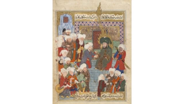 Caliph Ali ibn Abi Talib receiving pledges of allegiance. From an Ottoman manuscript, late 16th century. Credits.