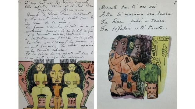 Two pages of an illustrated manuscript by Gauguin on Polynesian religion, on display at the Turin exhibition.