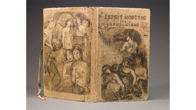Gauguin’s manuscript “The Modern Thought and Catholicism.” The back cover shows the Virgin Mary presenting the Christ child in a cave with the Magdalen, an angel, and attendants, one of which is Gauguin himself. Source: Saint Louis Art Museum.