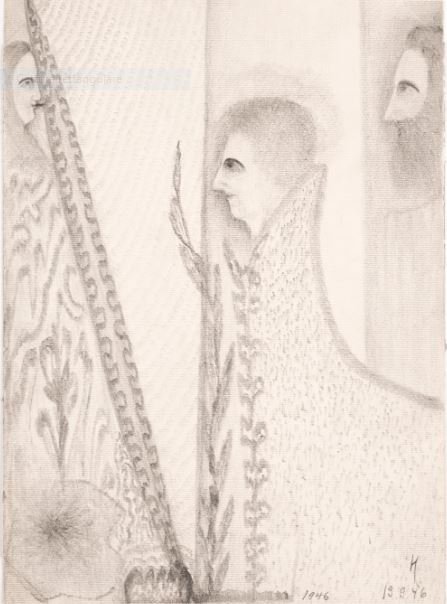 Ionowa’s drawing “Annie Besant in Finland 1928” from 1946. Floating in the background can be seen the bearded figure of a Master (The Ionowa Foundation / Photo: GKM / Jukka Paavola).