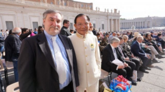Dr. Hong and Marco Respinti waiting for their meeting with the Pope in Saint Peter’s Square on May 15, 2024.