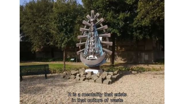 “The Virgin of Lujan,” a work in the Vatican Gardens realized by Alejandro Marmo with waste materials. From the documentary inspired by Francis’ book “My Idea of Art.”