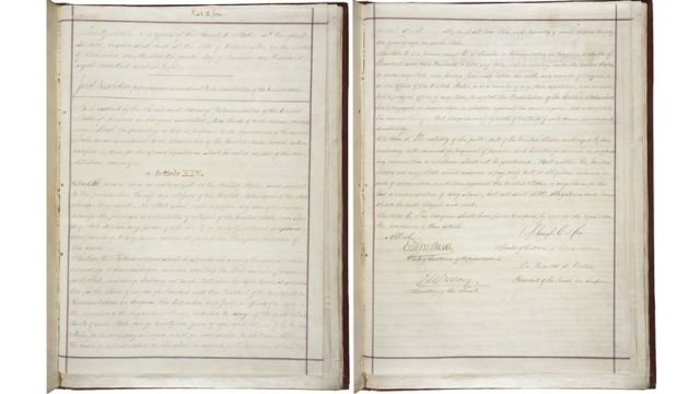 The original text of the 14th Amendment to US Constitutions. Credits for page 1 and page 2.