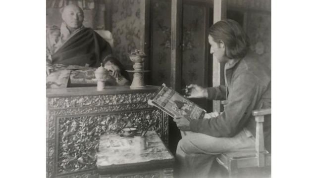 Kanwal Krishna painting the portrait of the Nechung oracle in 1940, and the finished portrait (from Facebook).