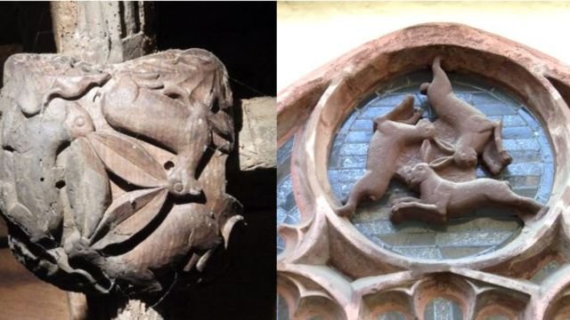 The Three Hares in St Michael Archangel’s church in Chagford, Devon (from X), left, and in the cloister of Paderborn Cathedral, Germany (credits), right.