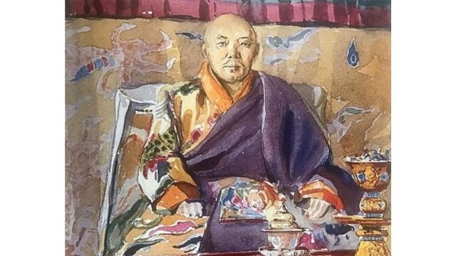 Kanwal Krishna painting the portrait of the Nechung oracle in 1940, and the finished portrait (from Facebook).