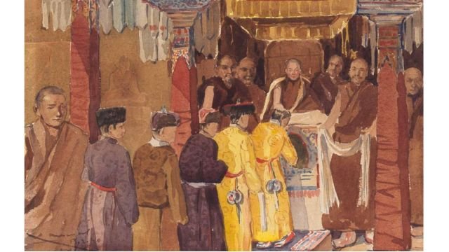 Kanwal Khrishna, &ldquo;A Blessing from the Dalai Lama&rdquo; (1940). From Bonham&rsquo;s auction catalogue.The auction is an opportunity to celebrate the 14th Dalai Lama, who will turn 90 on July 6, and to remember that it was not the Chinese government that recognized him as the reincarnation of his predecessor&mdash;no matter how much propaganda and fake news it spreads today.