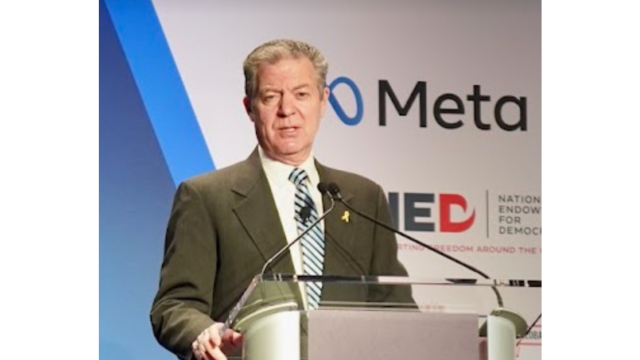 Ambassador Sam Brownback denouncing the crackdown on the Unification Church in Japan at the 2025 International Religious Freedom (IRF) Summit in Washington DC. Photo by Peter Zoehrer.