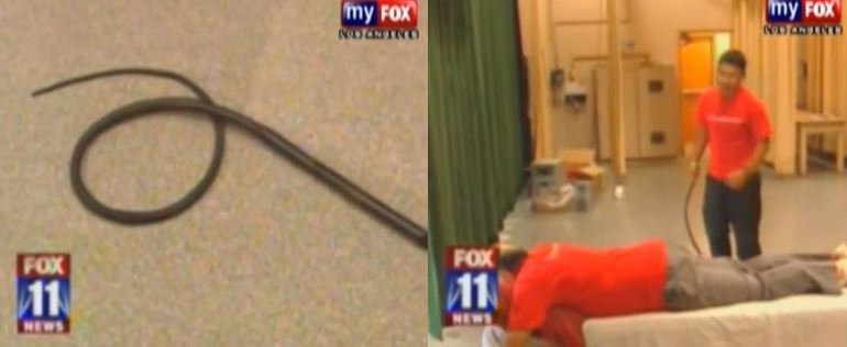 Images (unfortunately blurred) from the “Fox 11” 2006 reportage on the Long Beach whipping trial.