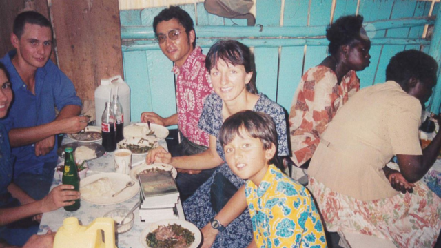 Roland (with red shirt) and Sue Gianstefani (with blue shirt) in Kenya.