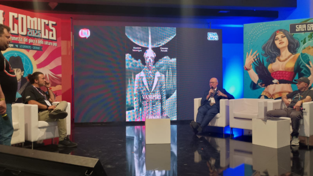 Massimo Introvigne and Giacomo Porcelli (on the right) during the launch of “Vampiri,” Etna Comics, Catania, May 31, 2025.