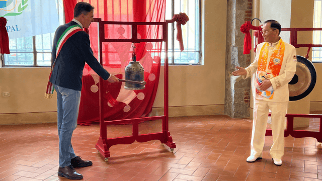 The Mayor of Pisa, Italy, Michele Conti, rings the Bell of World Peace and Love on May 9, 2024.

