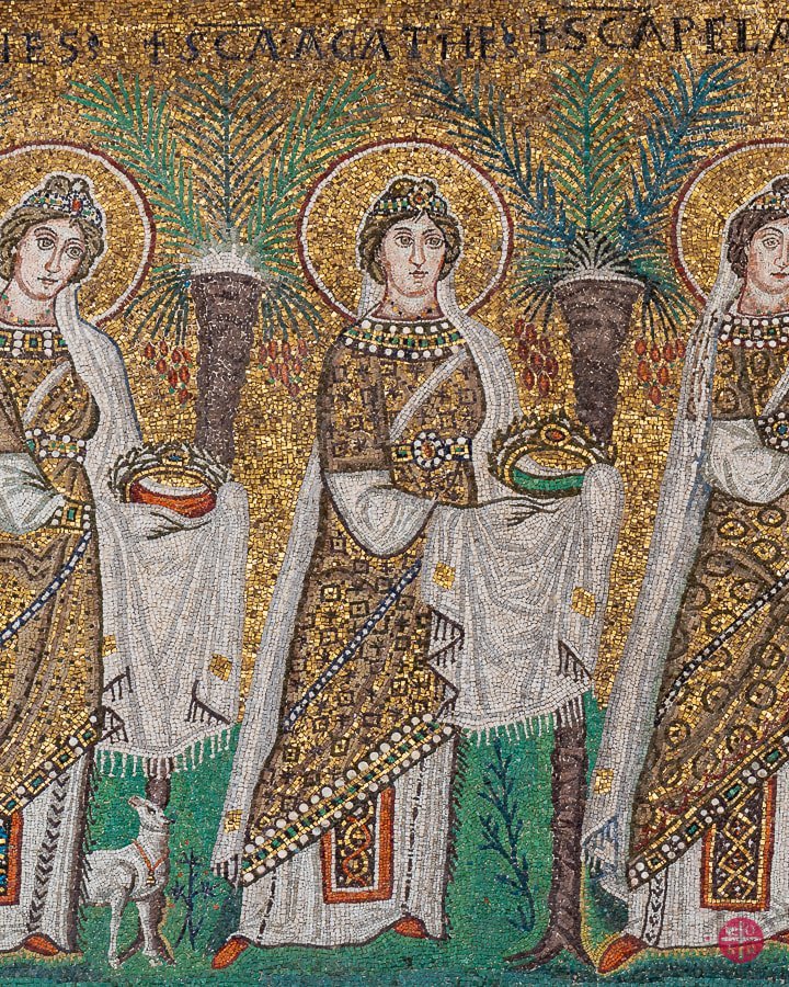 Saint Agatha in the procession of the virgins, Sant’Apollinare Nuovo, Ravenna. From Facebook.

