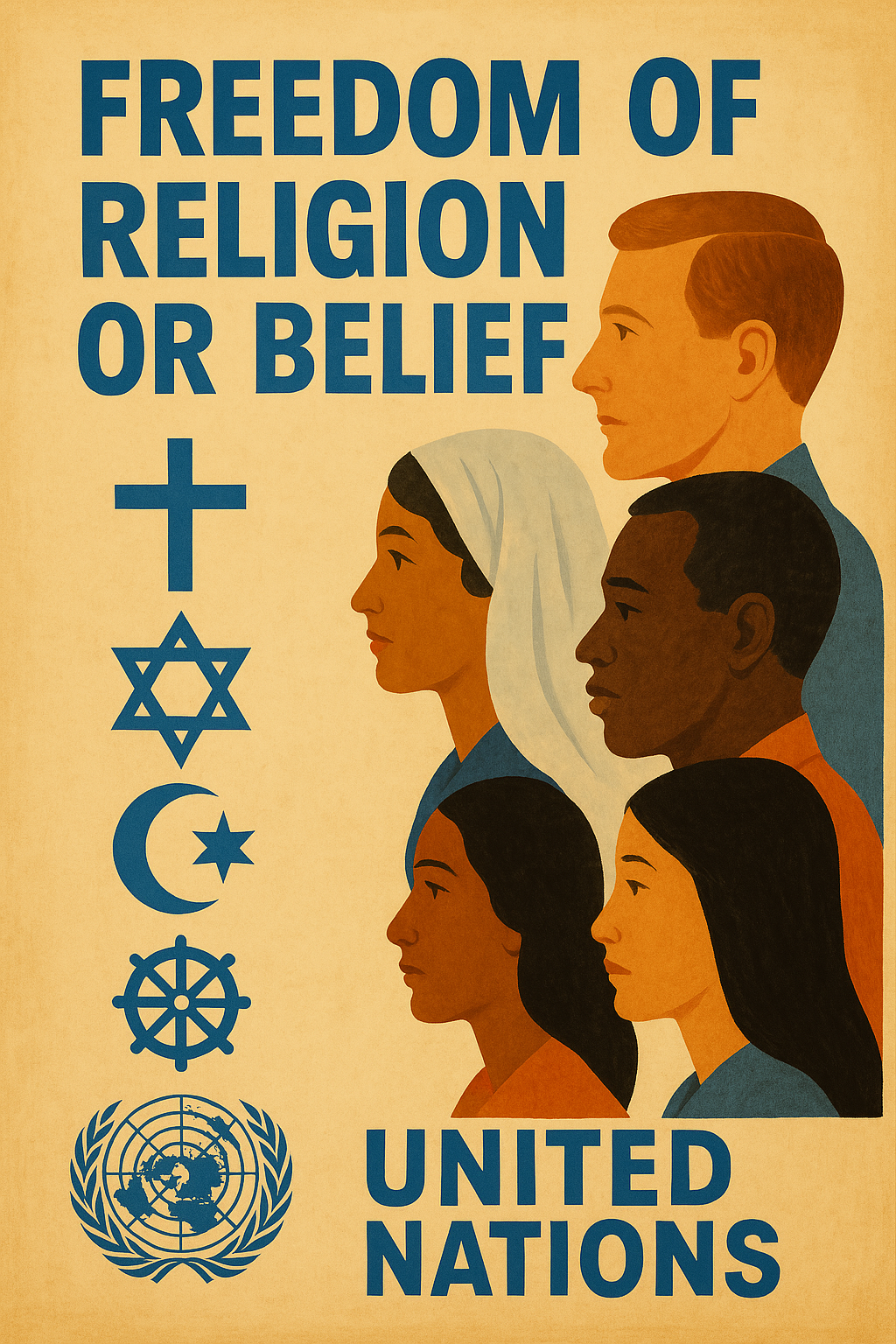 AI elaboration from United Nations posters of the 1960s promoting FoRB.