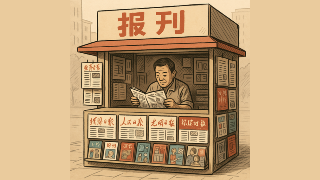A kiosk offering different Chinese newspapers: all tell the same stories. AI-generated.