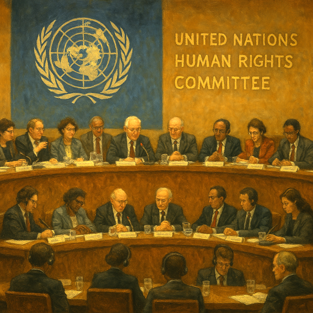 The United Nations Human Rights Committee in session in the 1990s. AI elaboration based on UN posters.