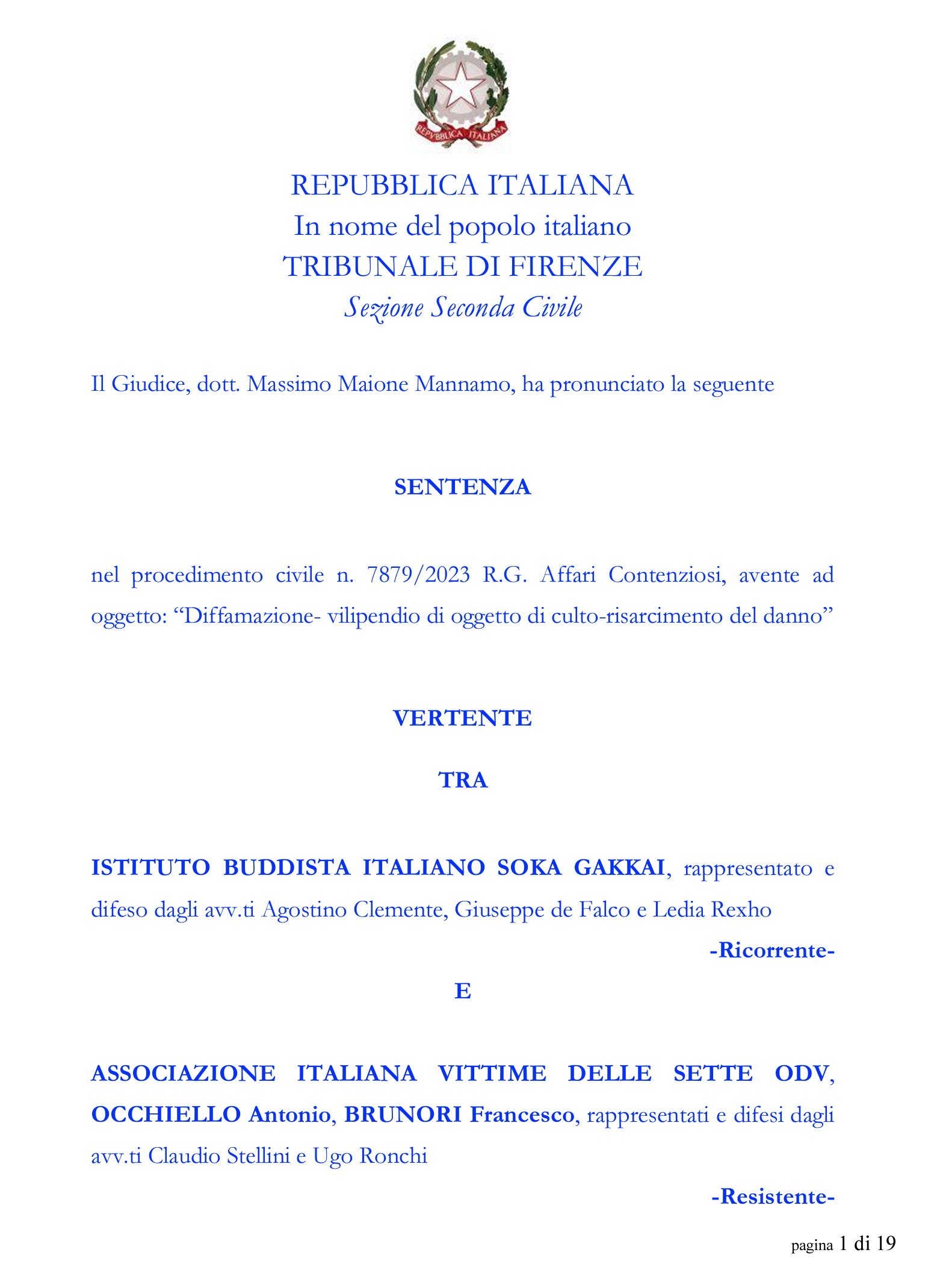 Prima pagină a hotărârii pronunțate de Tribunalul din Florența la 16 iunie 2025.