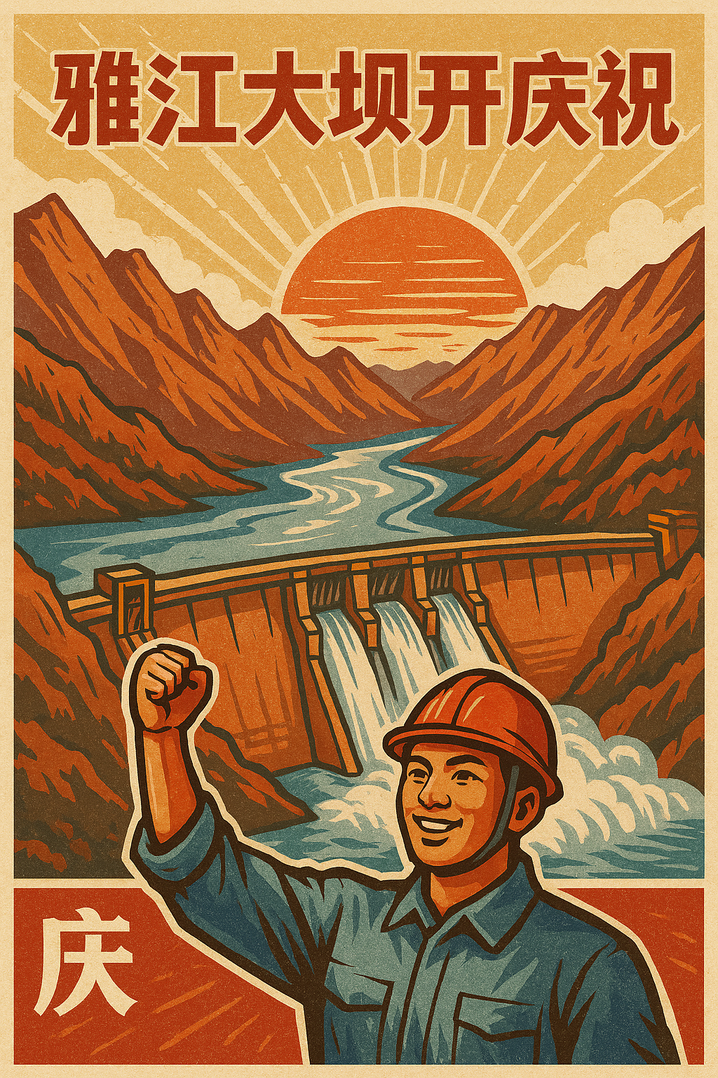 AI elaboration from a Chinese poster celebrating the inauguration of construction work for the new dam.

