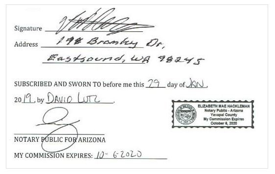 Certification of David Lutz’s affidavit. From the Sirius Investigation report.