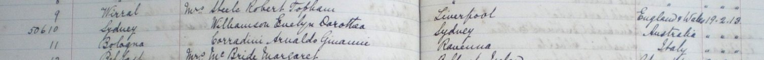 Register of the Adyar Theosophical Society showing that Ginna (“Corradini Arnaldo Ginanni”) joined the Bologna lodge on February 19, 1913.