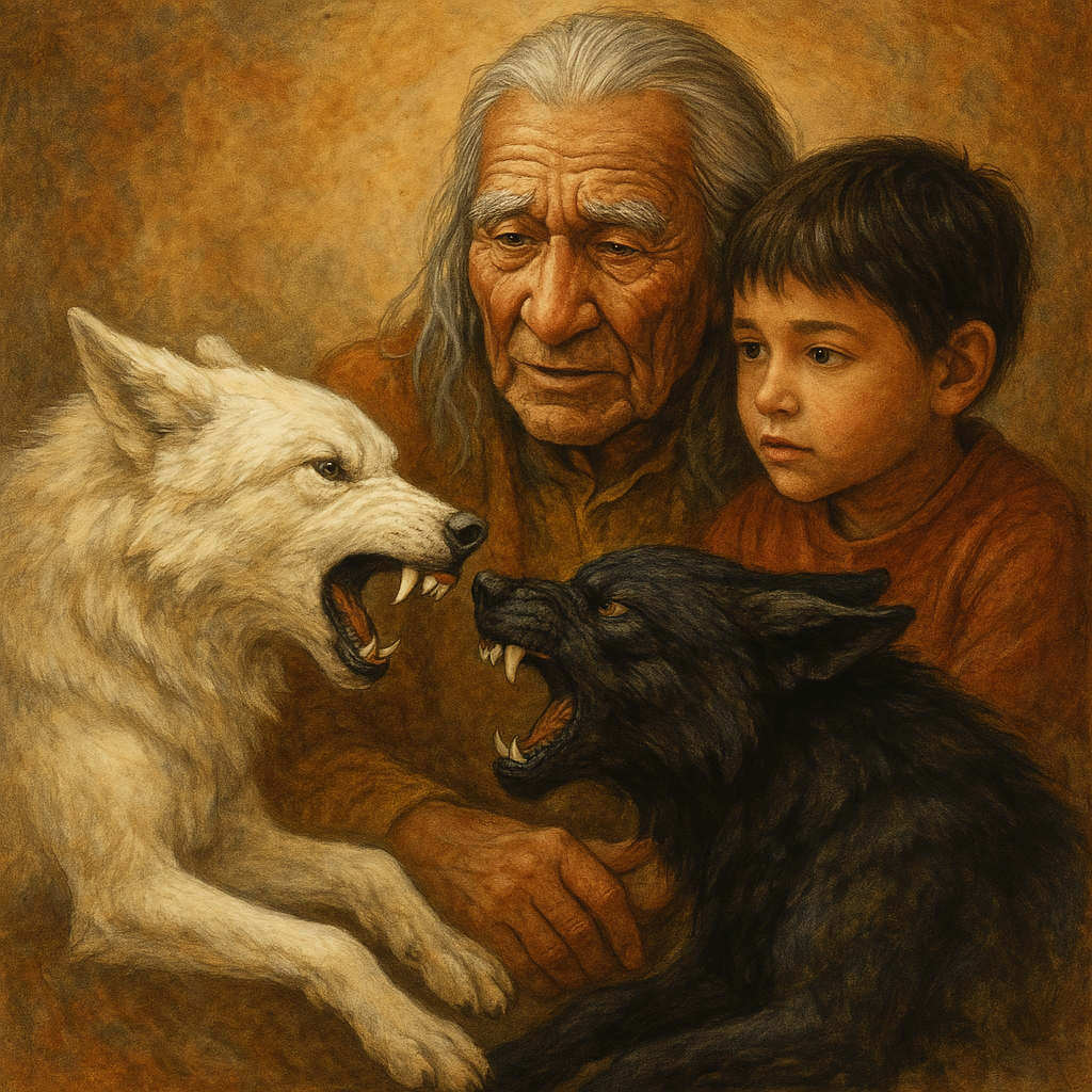 The Cherokee tale of the two wolves (AI-generated).