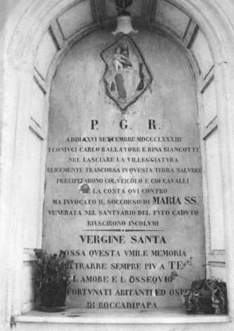 Inscription in Rocca di Papa about the 1883 miracle involving Ballatore and his wife.