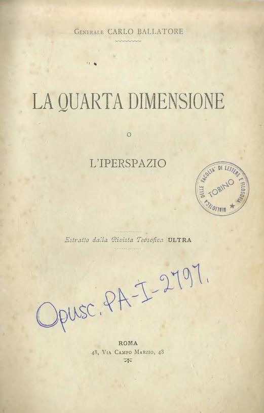 Ballatore’s booklet “La quarta dimensione o l’iperspazio,” 1908.