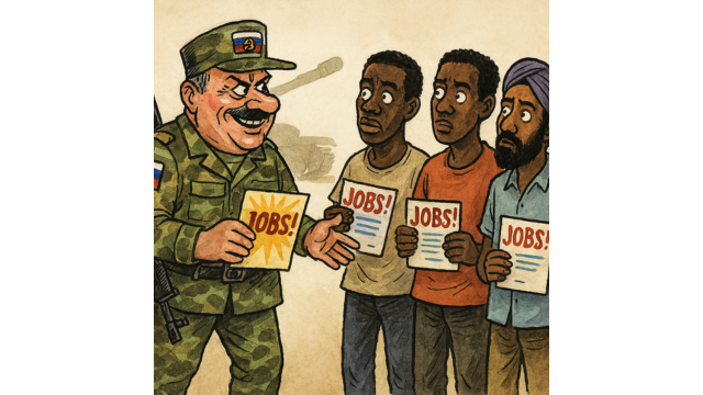 Recruited through deceit. AI-generated.