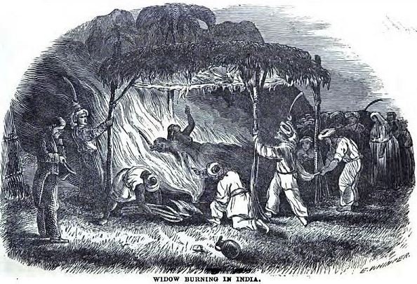 Sati, the practice of Hindu widows immolating themselves on their deceased husbands’ funeral pyres, depicted in a 19th-century missionary lithograph. From X.
